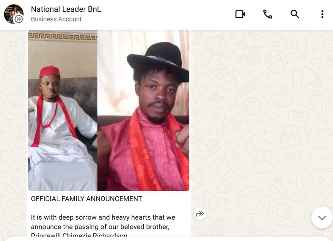 Princewill Chimezie Richardson's family's statement to Legit.ng