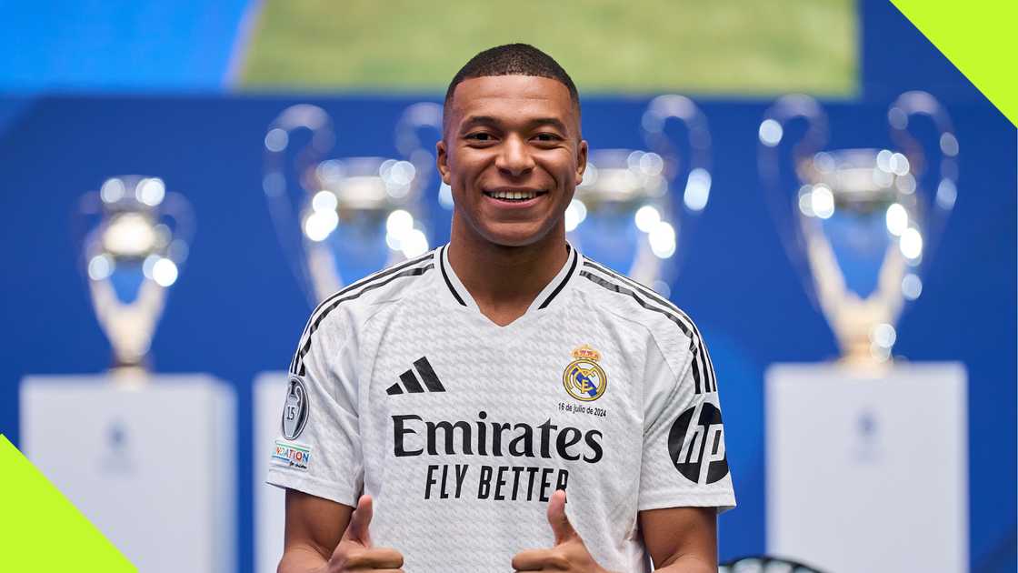 Kylian Mbappe during his Real Madrid unveiling. Kylian Mbappe during his Real Madrid unveiling.
