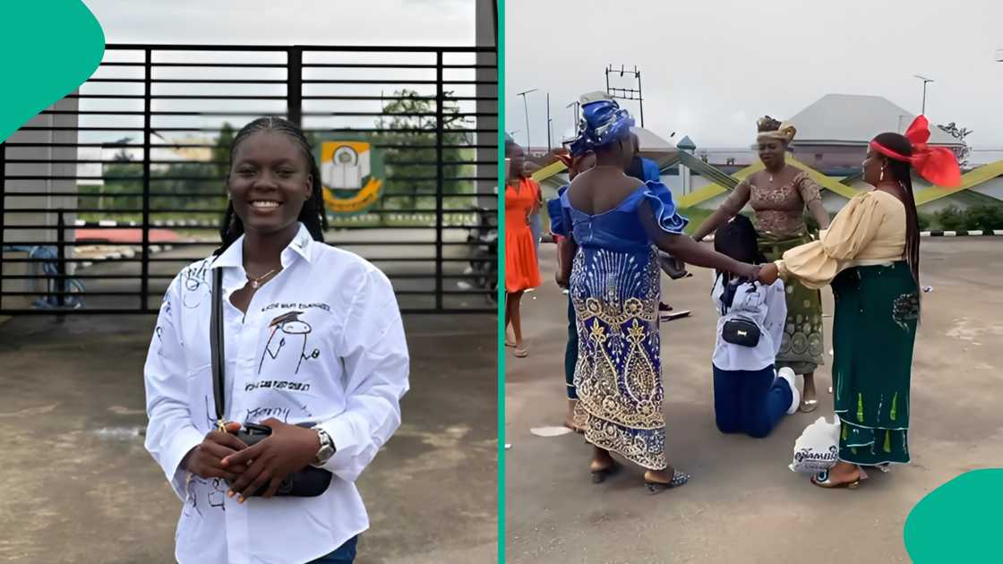 Lady receives blessings from her mother on her graduation day.