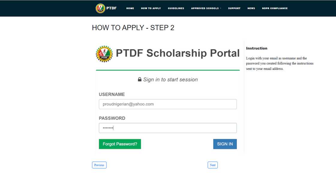 PTDF application login page PTDF application login page