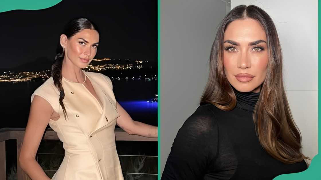 Melissa Satta posing in cream at night and in black indoors