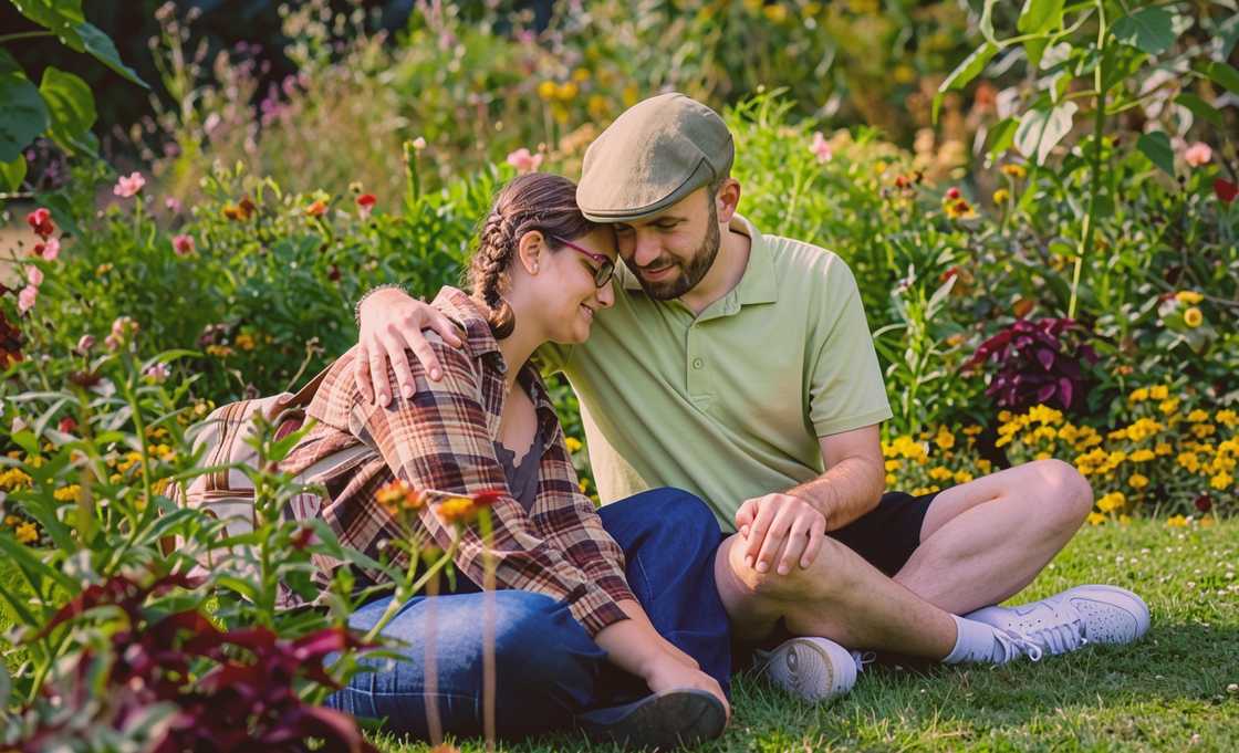 Connor Tomlinson and Georgie Harris hold each other