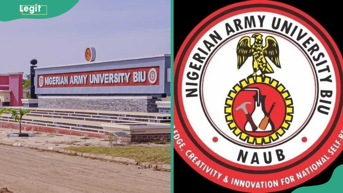 Nigeria Army University entrance (L). Nigeria Army University logo (R)