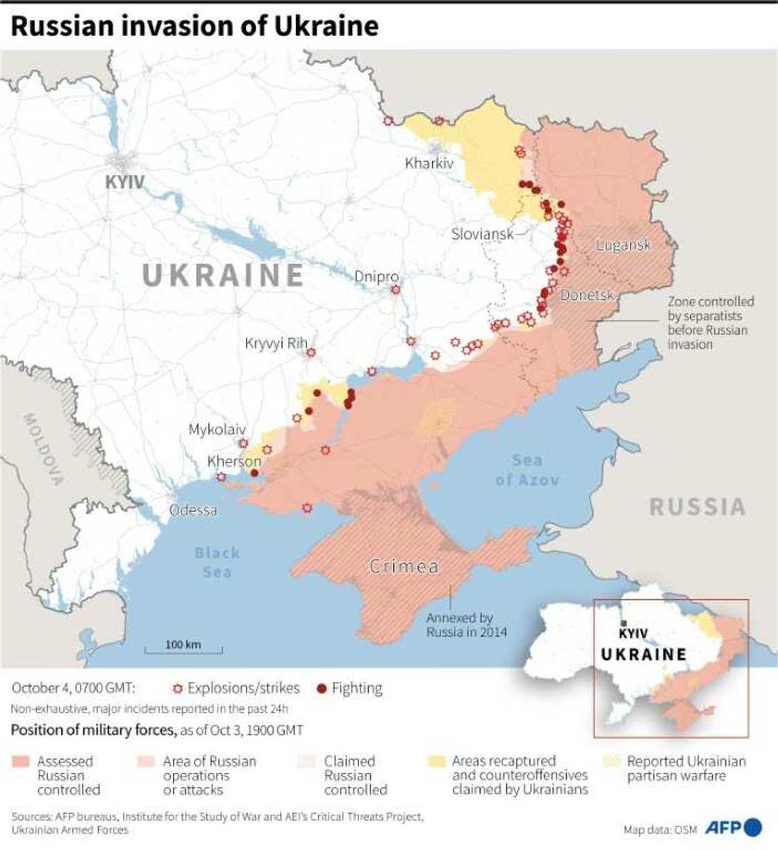 Map showing the situation in Ukraine, as of October 4, 2022 at 0700 GMT Map showing the situation in Ukraine, as of October 4, 2022 at 0700 GMT