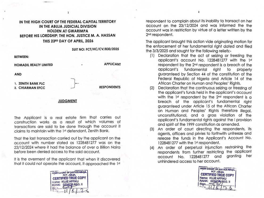 Court Orders EFCC to Pay ₦2m for Unlawfully Freezing Homadil Realty's Account Court Orders EFCC to Pay ₦2m for Unlawfully Freezing Homadil Realty's Account