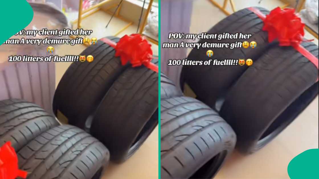 Nigerian lady buys car tyres for her man.
