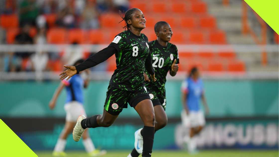 Shakirat Moshood celebrates after scoring to help Nigeria beat Dominican Republic.