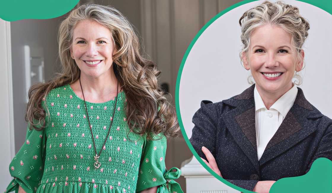 Melissa Gilbert in the apparel from Modern Prairie (L).
The actress pictured in a promo portrait for season 12 of When Calls the Heart (R).