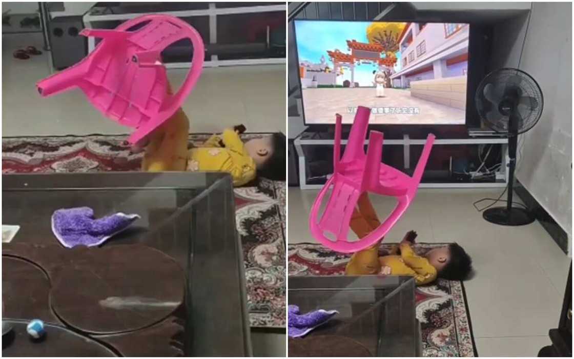 Amazing kid in yellow dress uses his legs to rotate a pink chair in stunning video Amazing kid in yellow dress uses his legs to rotate a pink chair in stunning video