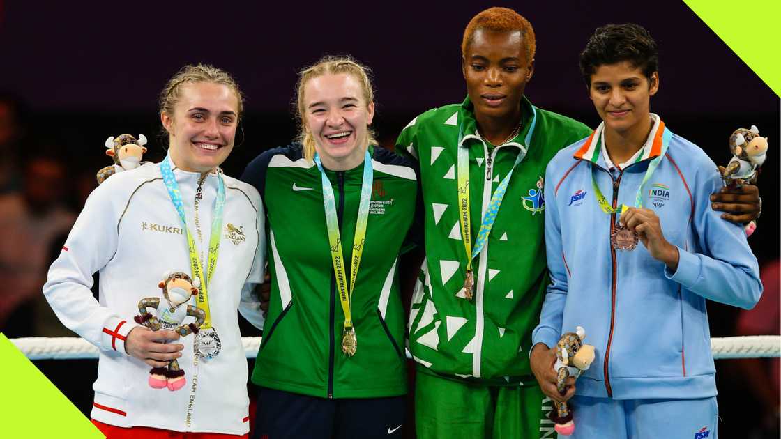 Cynthia Ogunsemilore on the podium during the 2022 Commonwealth Games.