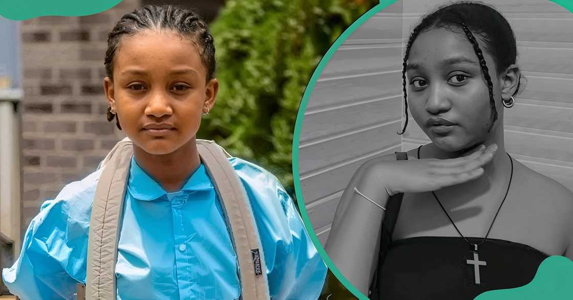 Chinenye Oguike in character as a school going child. The teen actress poses holding her face Chinenye Oguike in character as a school going child. The teen actress poses holding her face