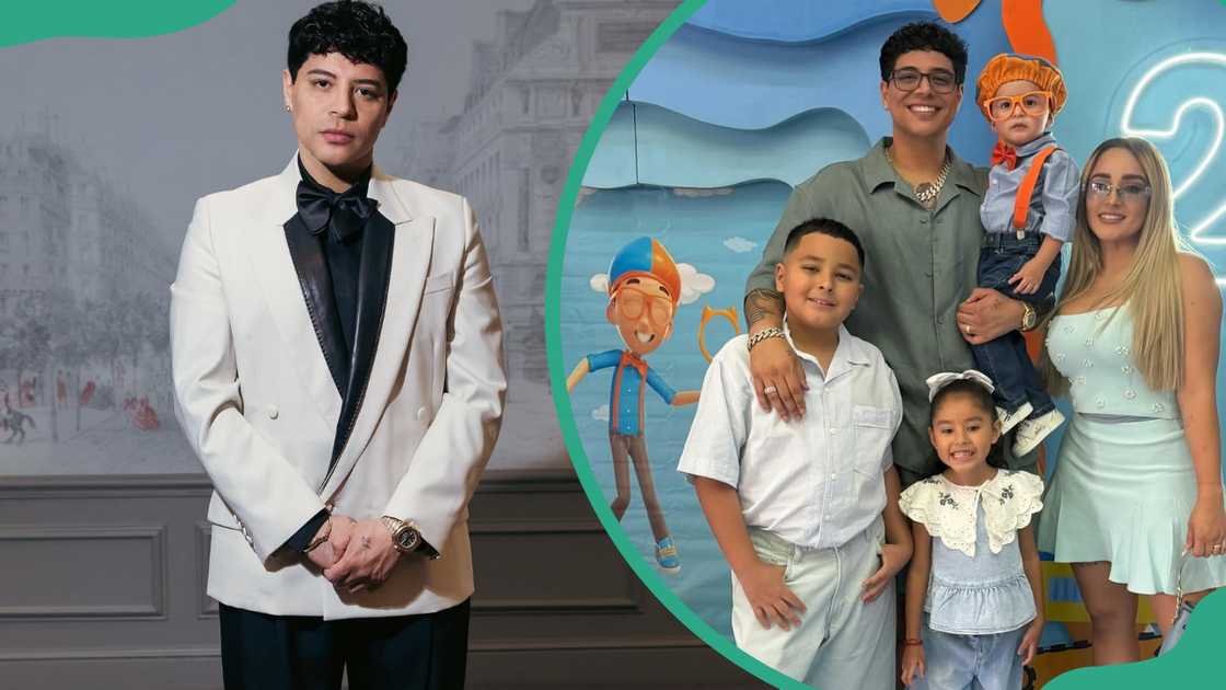 Eduin Caz standing alone and with his family