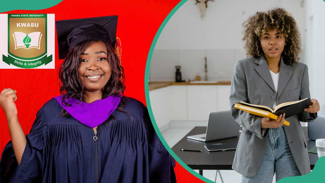 The KWASU logo, a woman in an academic dress, and a lady in a grey coat and denim pants is reading a book