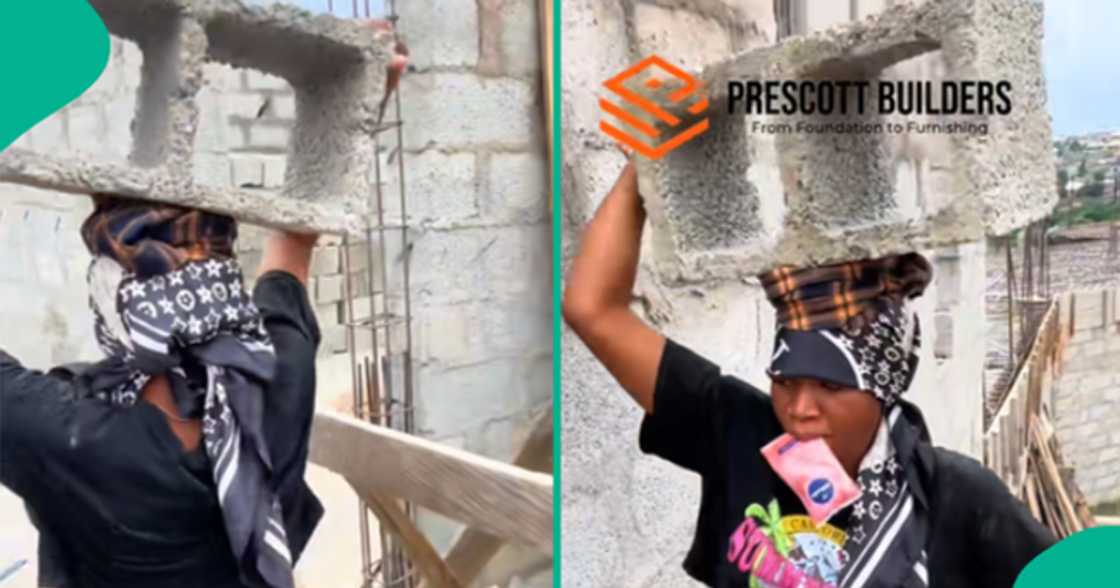 Lady goes viral after she was captured on camera carrying blocks at a construction site.