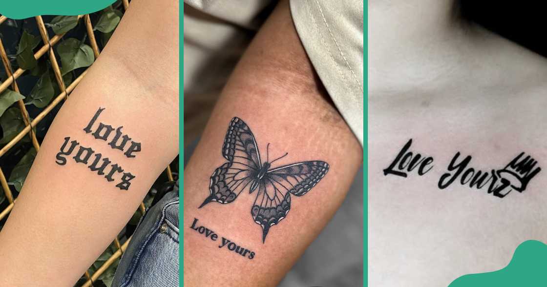 Love Yourz tattoos in blackwork designs on the arms and collarbone. Love Yourz tattoos in blackwork designs on the arms and collarbone.