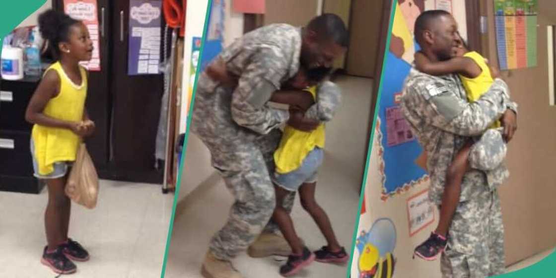 Little girl in disbelief after seeing soldier dad