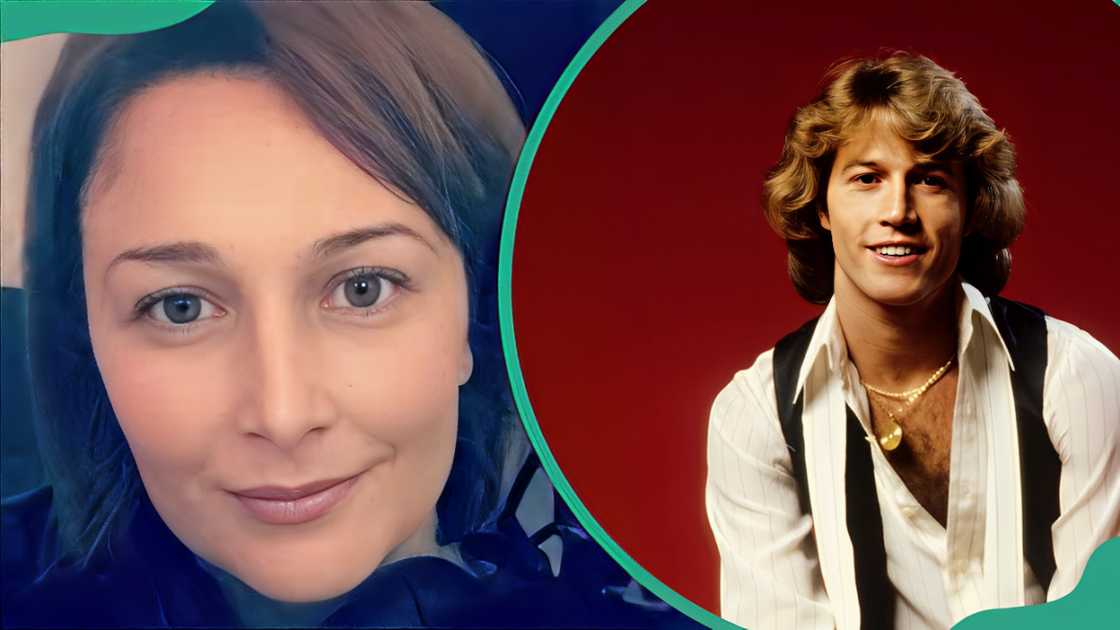 Peta Gibb takes a selfie (L).Singer Andy Gibb in a studio photo (R)