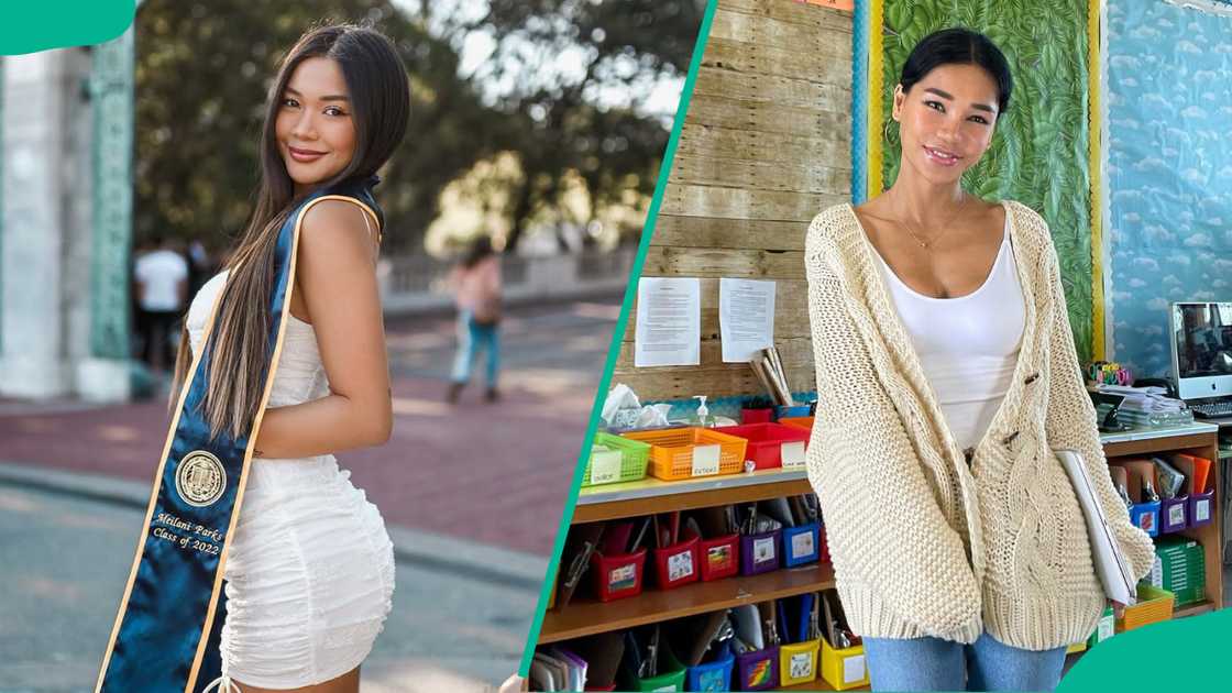 Joleen Diaz during a graduation and in a shop