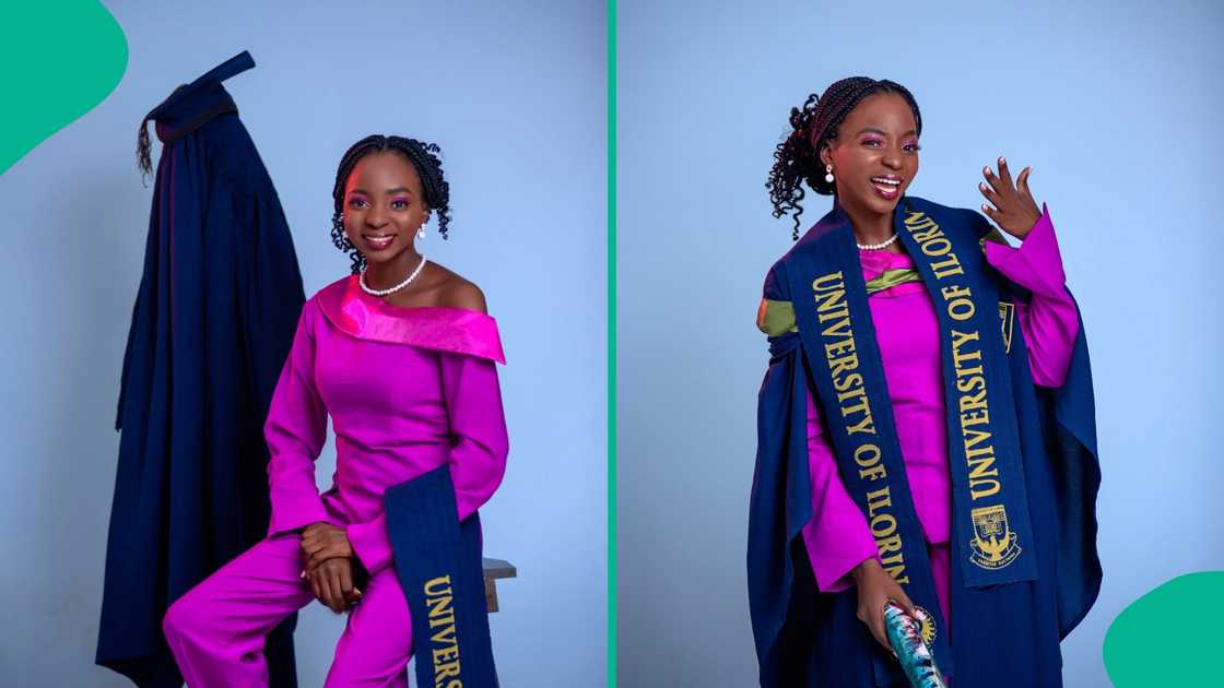 Ebiomafari Omowumi Janet smiles in her UNIRON graduation gown after graduating with first class degree