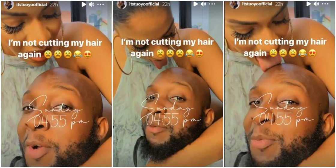 BBNaija Star Venita Lovingly Licks Tuoyo’s Bald Head in Funny Video, He Vows Not to Cut His Hair Again BBNaija Star Venita Lovingly Licks Tuoyo’s Bald Head in Funny Video, He Vows Not to Cut His Hair Again