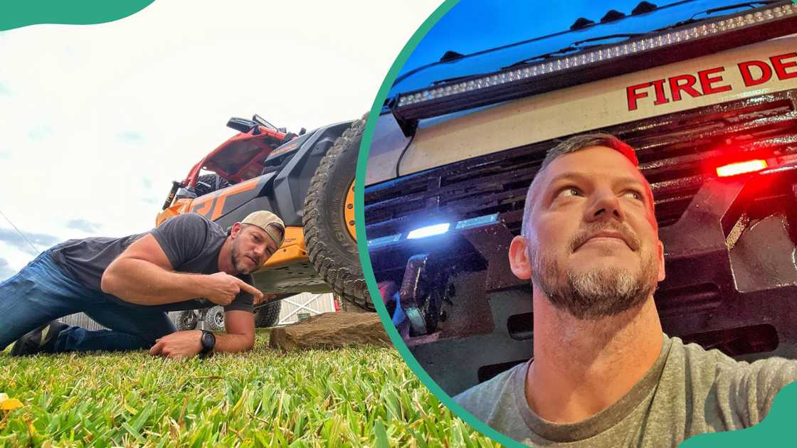 Matt Carriker shows off the tire of a vehicle and he stands in front of a building