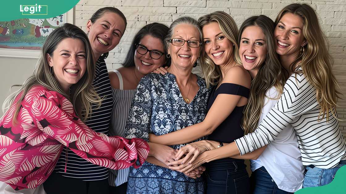 Gisele Bündchen with her mother and sisters posing for a photo smiling