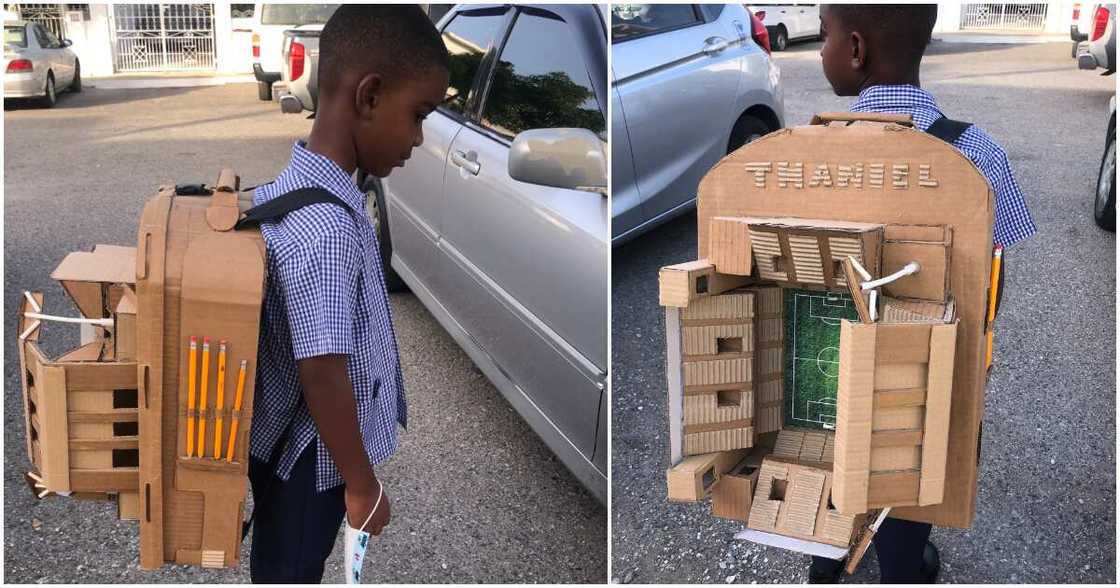 Stadium backpack, stadium schoolbag, little black boy with stadium schoolbag