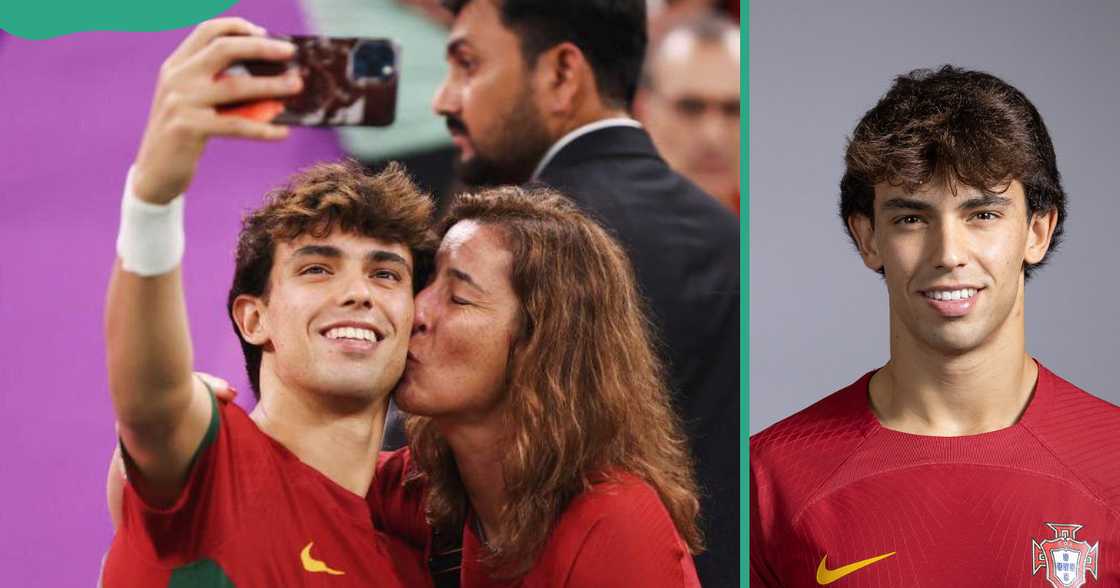 João Félix takes a selfie with his mother. The footballer poses for a portrait.