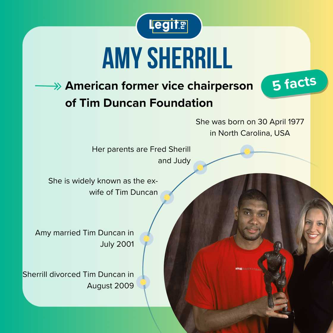 Amy Sherrill's biography: The truth about Tim Duncan's ex-wife - Legit.ng