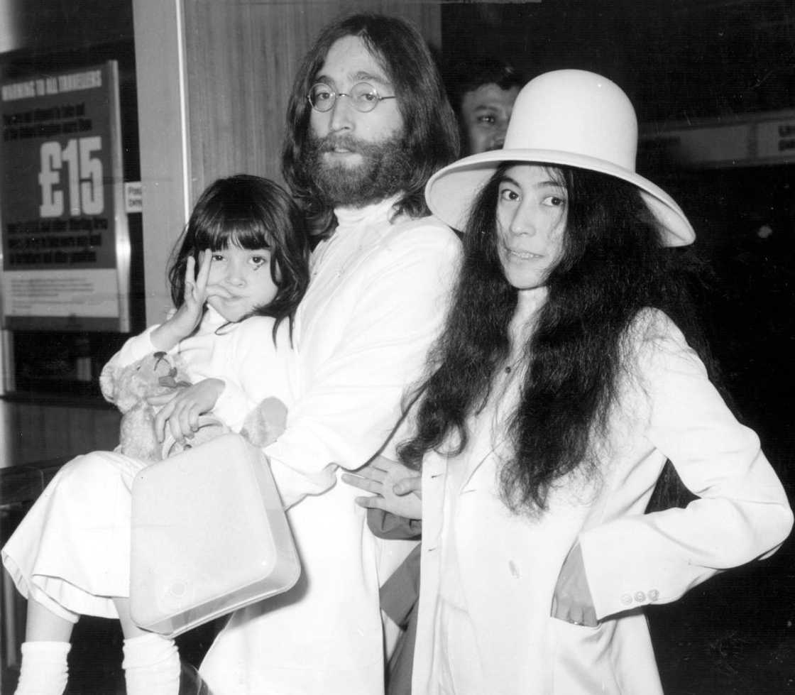 John, Yoko and Kyoko at London's Heathrow airport