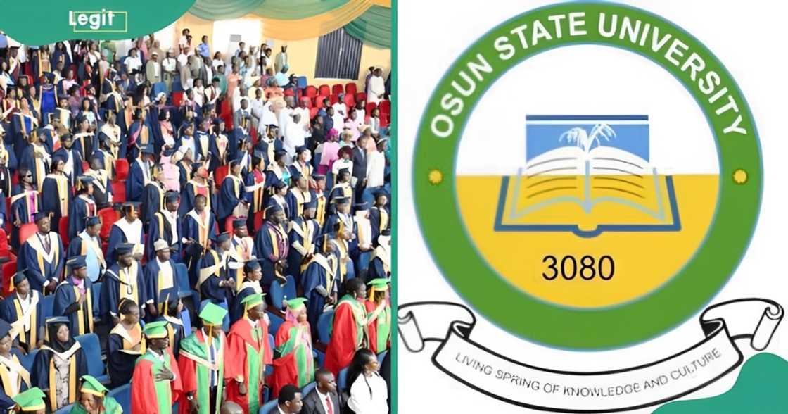 UNIOSUN graduates in gowns (L) and the institution's logo (R)