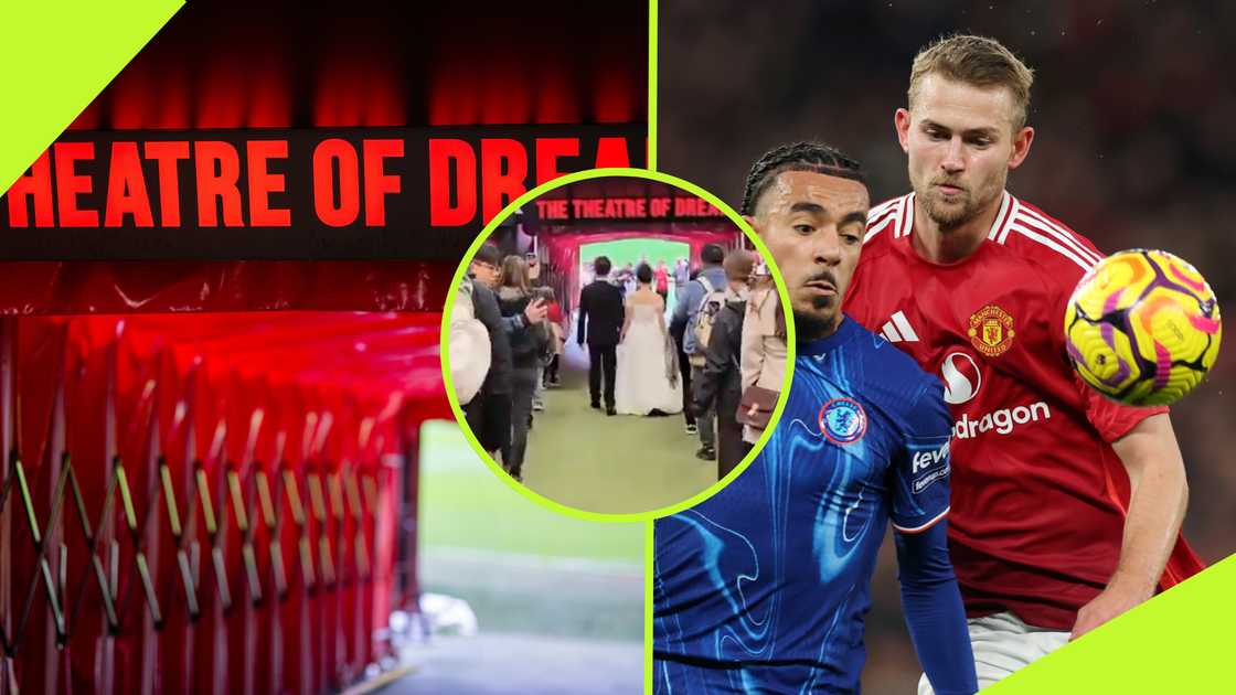 An adventurous couple opted for a football-centered setting for their wedding, walking down the aisle at Manchester United's Old Trafford.