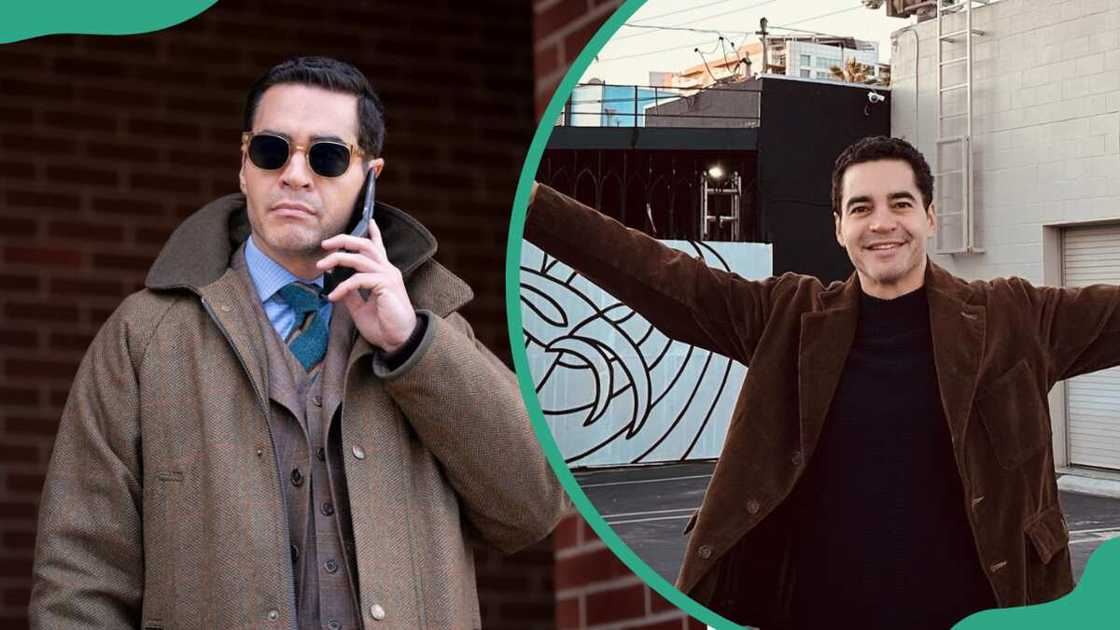 Ramón Rodriguez holding a mobile phone to his ear (L). The actor outstretching his arms (R) Ramón Rodriguez holding a mobile phone to his ear (L). The actor outstretching his arms (R)