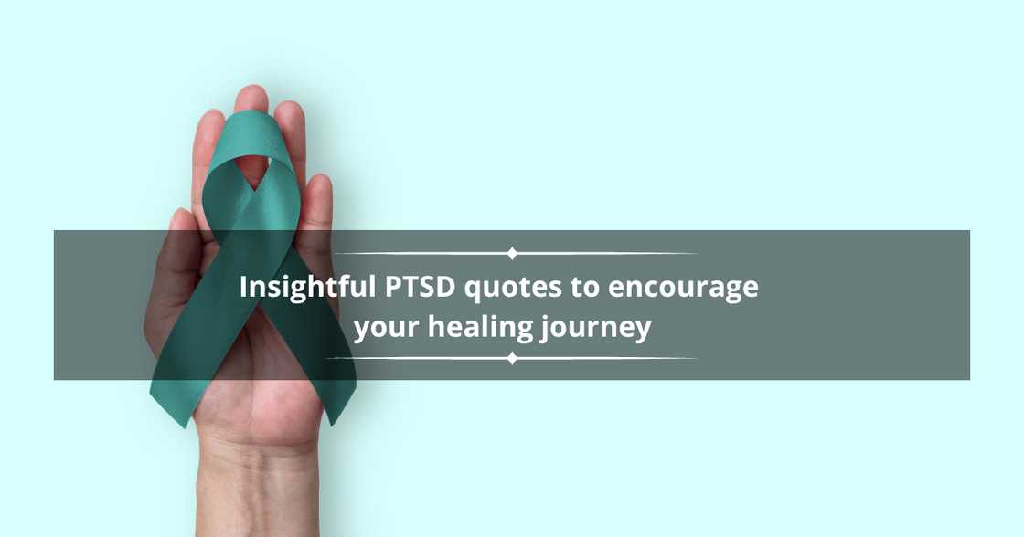 A hand holds a teal ribbon, a symbol for PTSD, shaped into a loop against a light blue background.