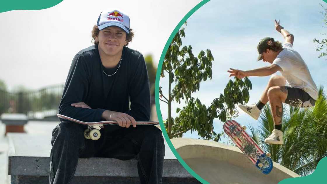 Jagger Eaton holding a skateboard (L). The professional skateboarder performing a skateboarding trick (R)