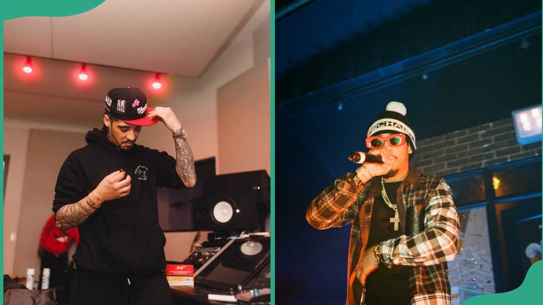 GT in black hoodie at home and in a checked shirt performing