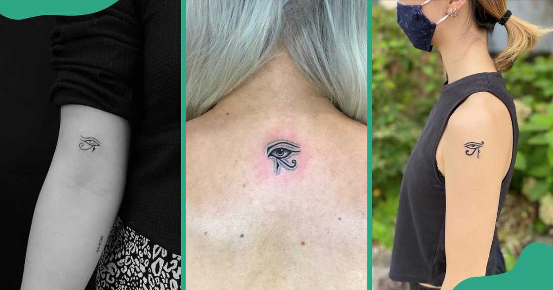 Miniature Eye of Horus tattoos on the arms and the back. Miniature Eye of Horus tattoos on the arms and the back.