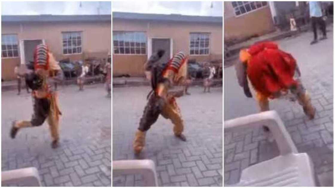 A Nigerian masquerade did creative legwork moves. A Nigerian masquerade did creative legwork moves.