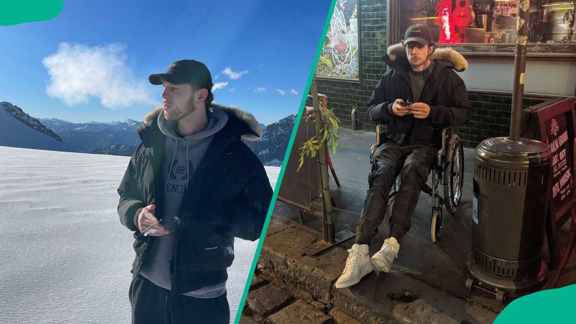 Fitz standing in an open field full of snow. The YouTuber siting on a wheel chair outside a club at night