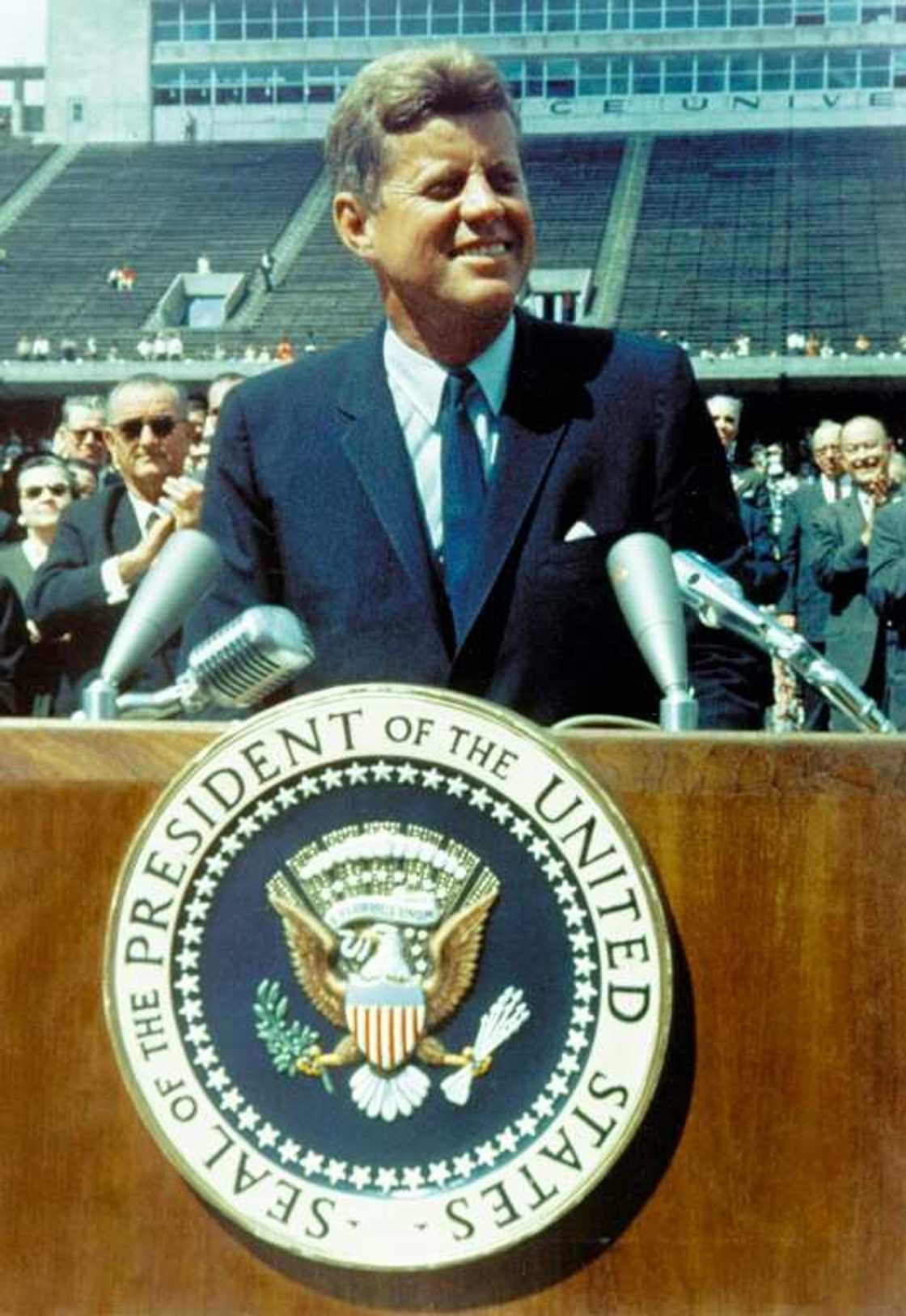 "We choose to go to the Moon," Kennedy told 40,000 people at Rice University, "because that challenge is one that we are willing to accept, one we are unwilling to postpone, and one which we intend to win" "We choose to go to the Moon," Kennedy told 40,000 people at Rice University, "because that challenge is one that we are willing to accept, one we are unwilling to postpone, and one which we intend to win"