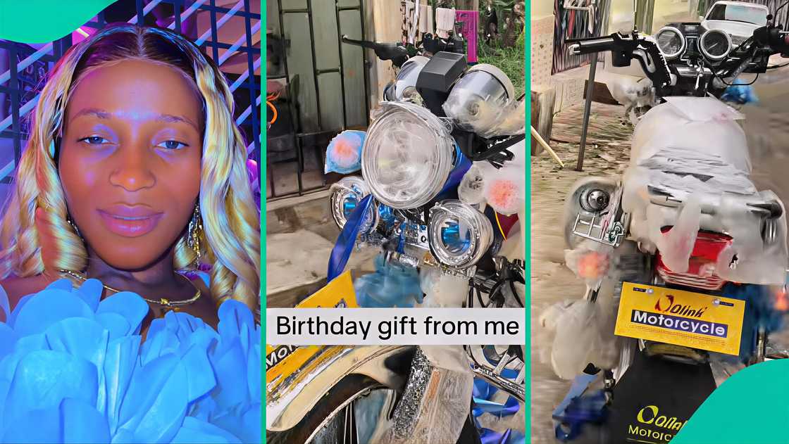 Lady overjoyed as she displays motorcycle she bought for herself. Lady overjoyed as she displays motorcycle she bought for herself.