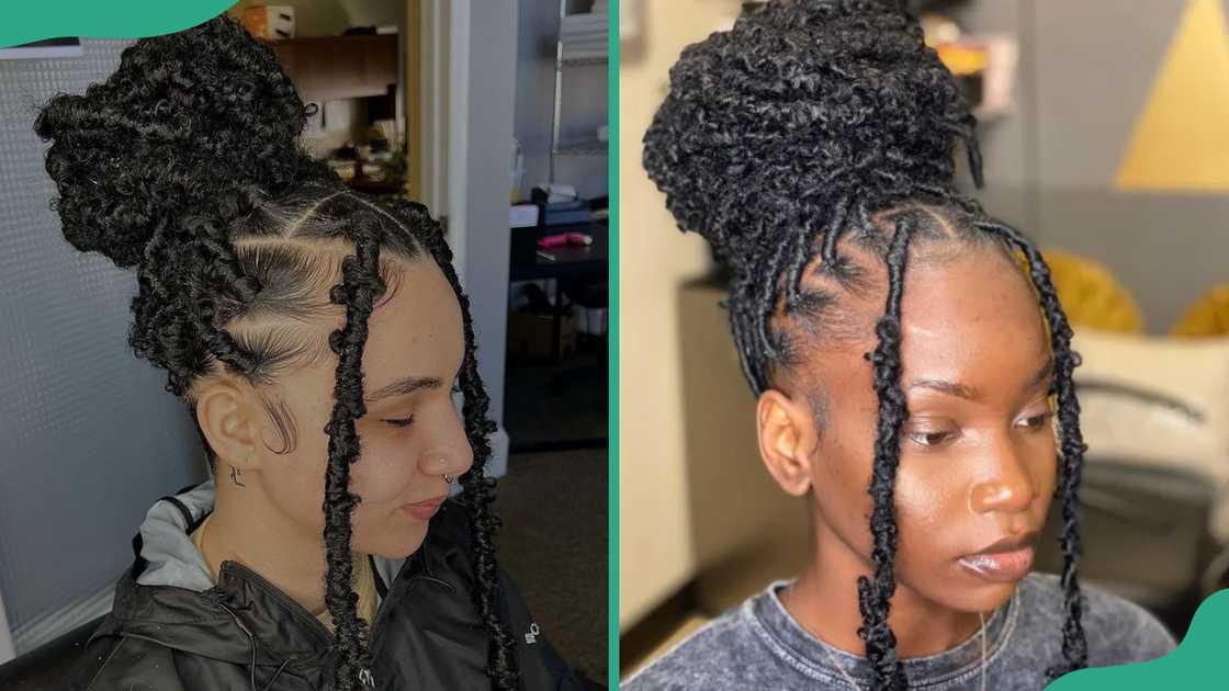 Butterfly locs with top knot and face-framing strands Butterfly locs with top knot and face-framing strands