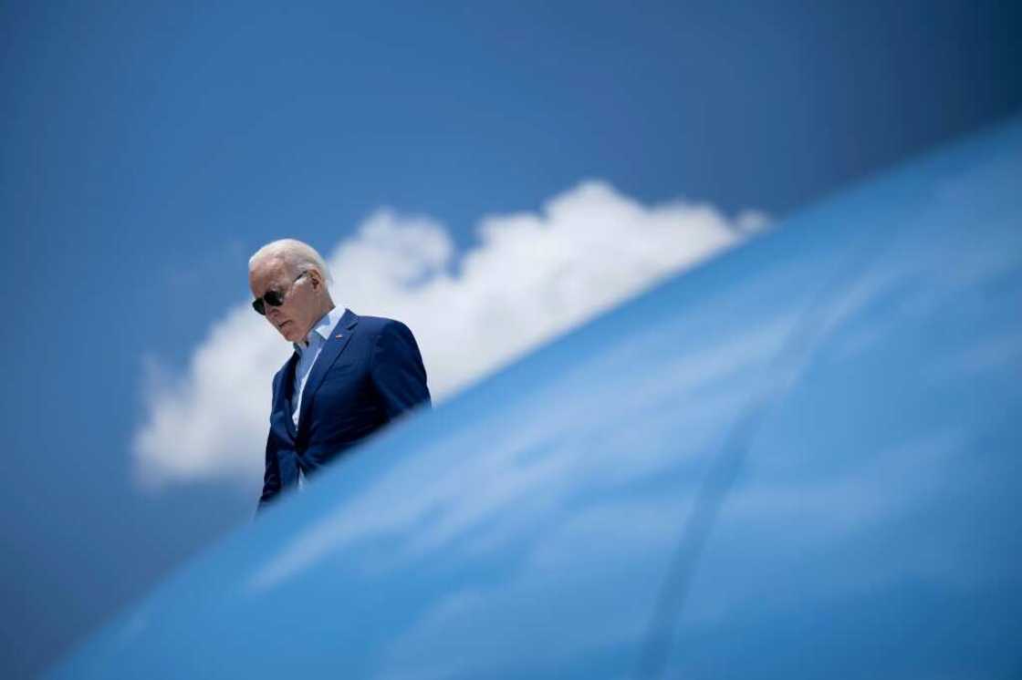 US President Joe Biden disembarks Air Force One in Warwick, Rhode Island