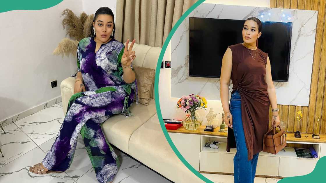 Adunni Ade poses in a colorful suit and in a brown top and denim pants Adunni Ade poses in a colorful suit and in a brown top and denim pants