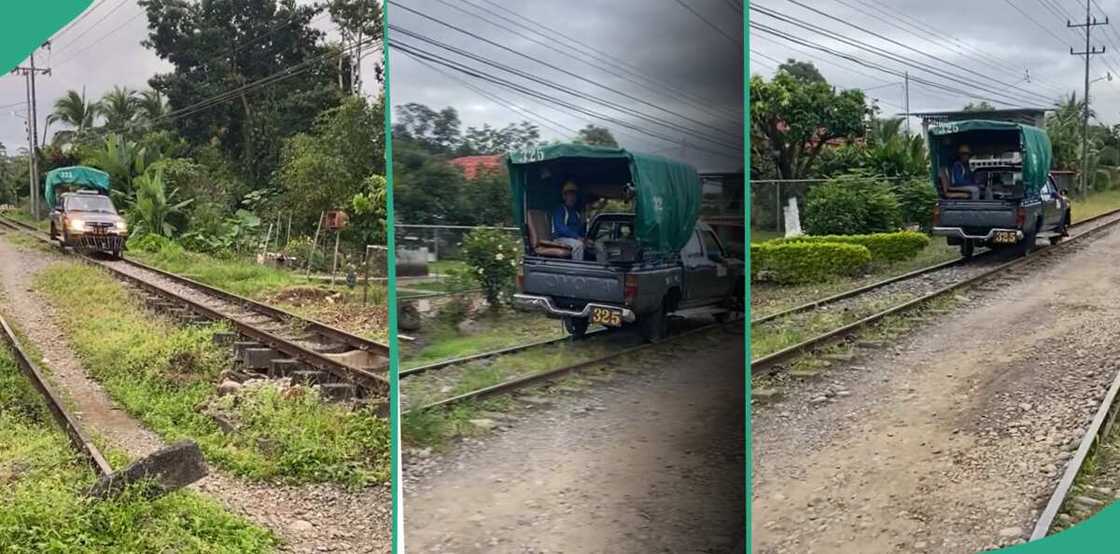 Toyota van spotted on train tracks.