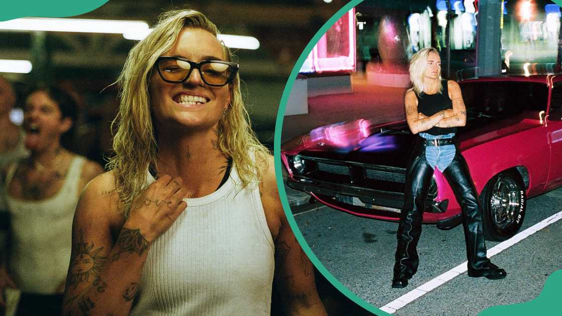 G Flip smiling (L). The singer standing in front of a vintage car with arms crossed (R) G Flip smiling (L). The singer standing in front of a vintage car with arms crossed (R)