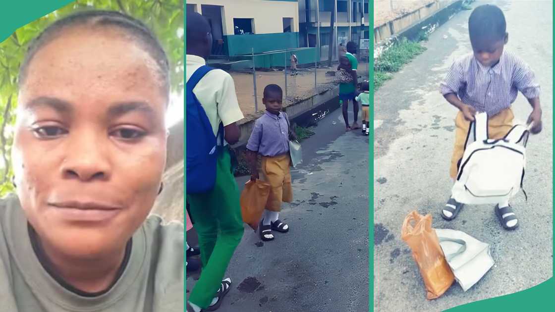 Reactions as man gives boy schoolbag after seeing him with nylon