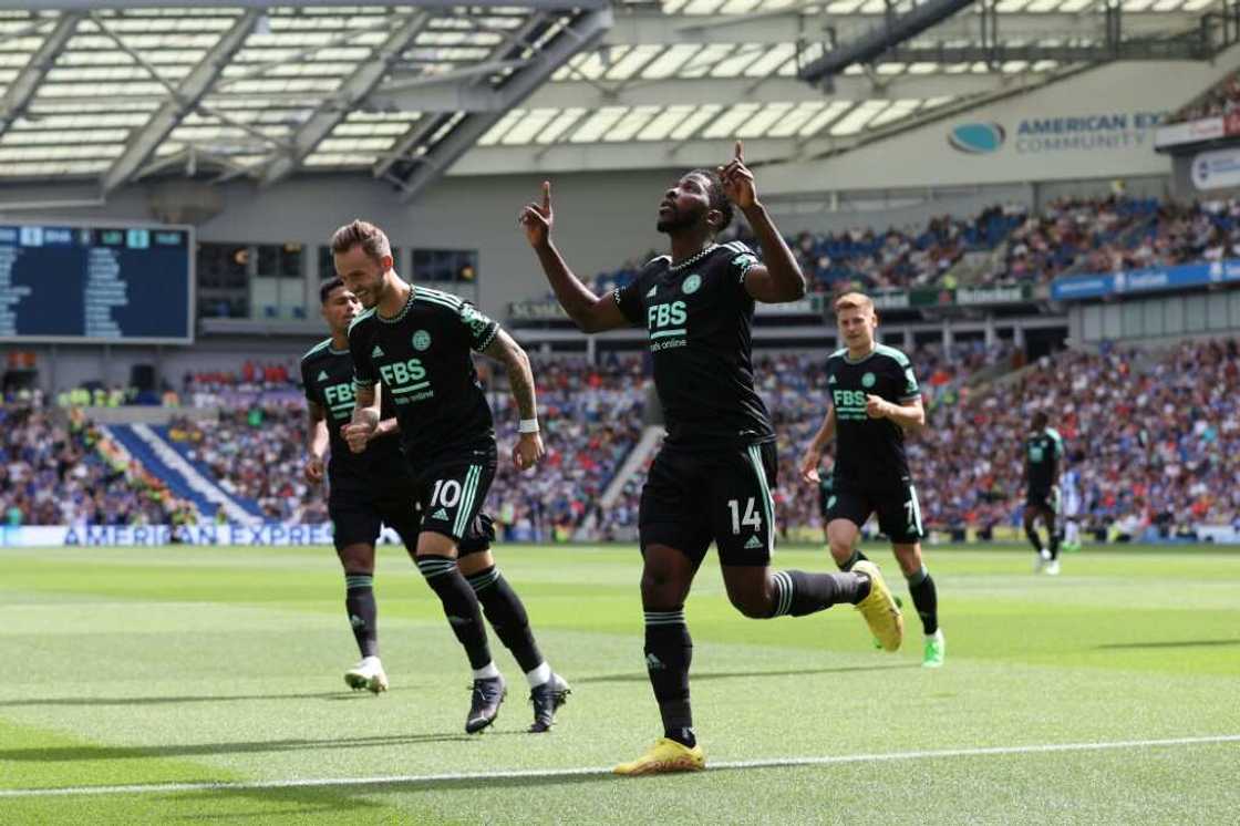 Kelechi Iheanacho (C) celebrates scoring for Leicester City at Brighton. Kelechi Iheanacho (C) celebrates scoring for Leicester City at Brighton.