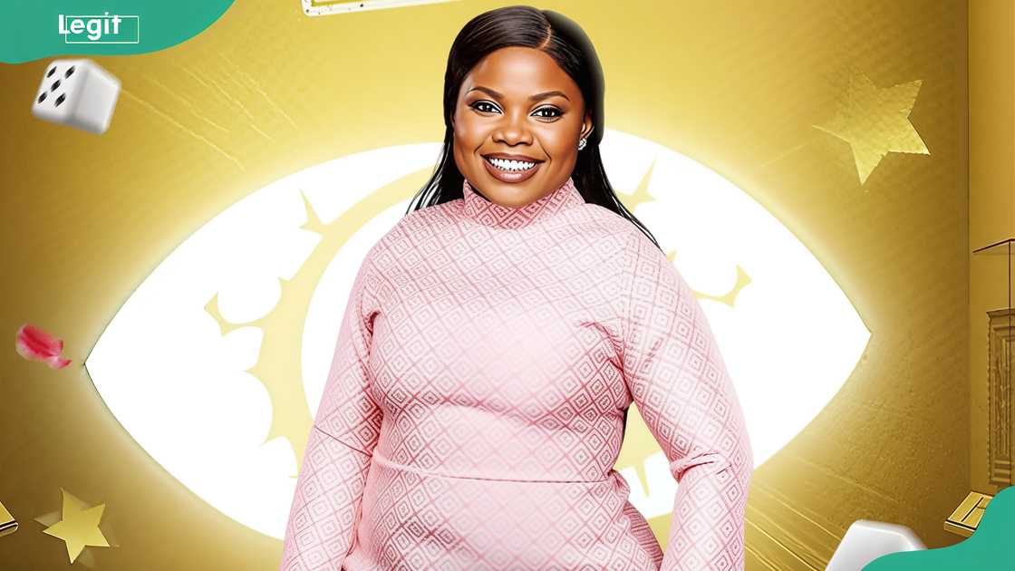 Doris Okorie in a textured pink high-neck, long-sleeve dress