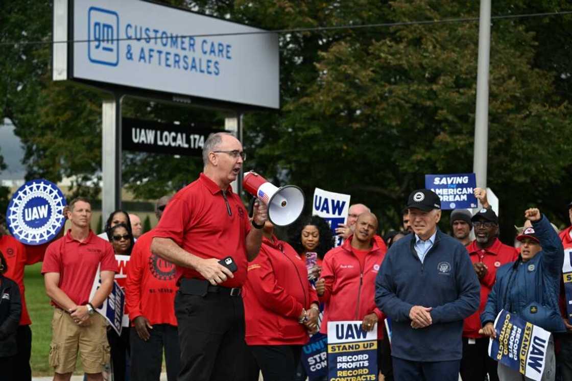 United Auto Workers (UAW) President Shawn Fain appeared with US President Joe Biden last month at a picket in front of a General Motors Service Parts Operations plant in Michigan United Auto Workers (UAW) President Shawn Fain appeared with US President Joe Biden last month at a picket in front of a General Motors Service Parts Operations plant in Michigan